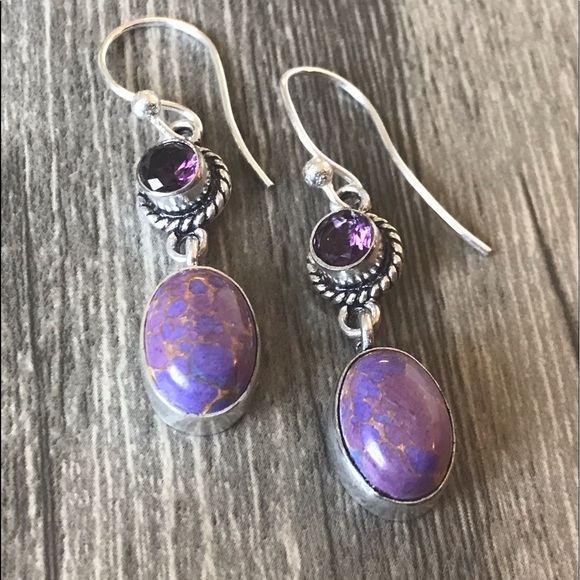 handcrafted in Jaipur India Jewelry - Purple Stone Drop Earrings with Amethyst Accents